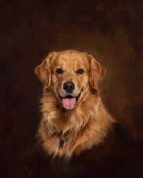 Pet portrait in classical oil style, warm umber and deep shadow