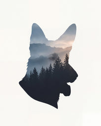 Pet portrait in double exposure style, silhouette filled with landscape