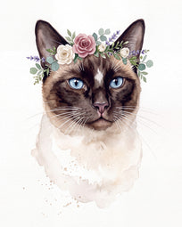 Pet portrait in floral crown style, a botanical wreath in soft watercolor