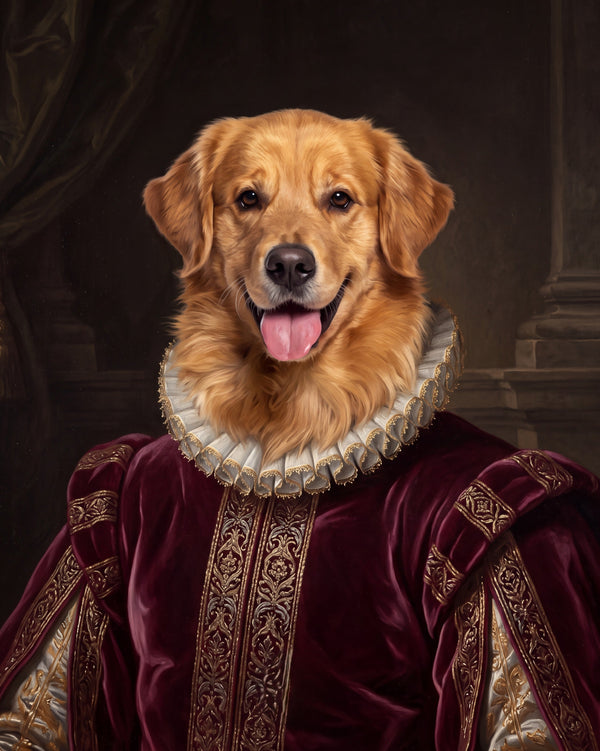 Pet portrait in royal renaissance style, velvet and brocade against a painted backdrop