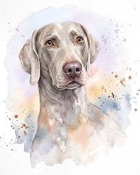 Pet portrait in soft watercolor style, a silver-grey Weimaraner with pale amber eyes