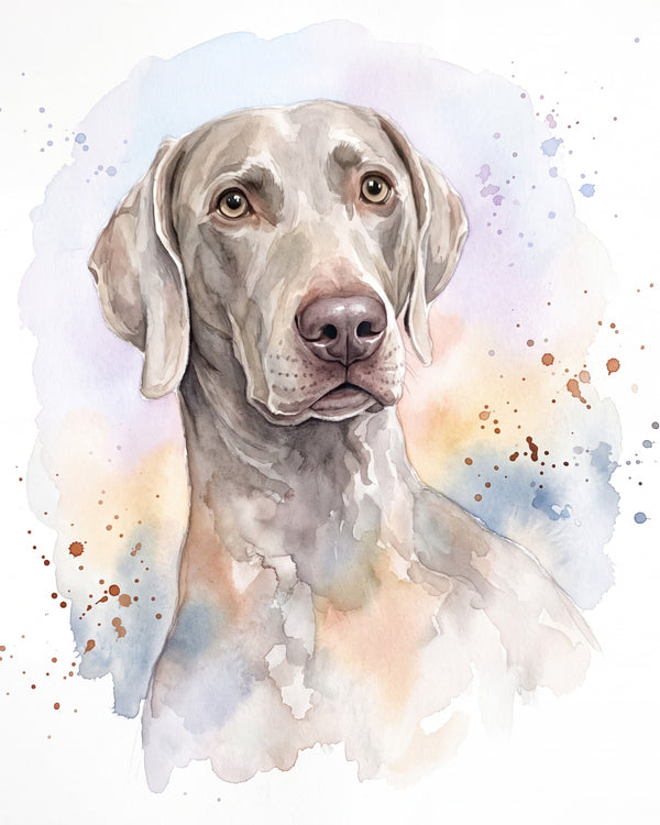 Pet portrait in soft watercolor style, a silver-grey Weimaraner with pale amber eyes