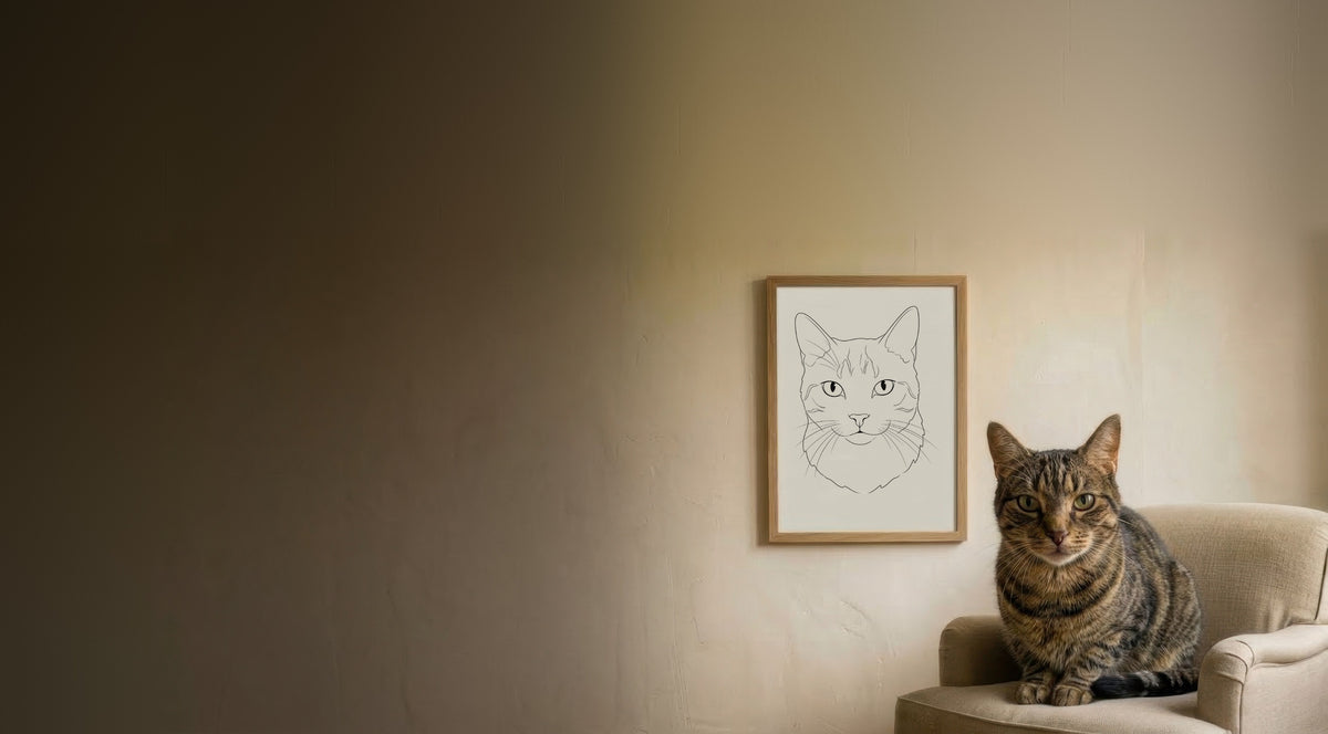 Tabby cat on a linen armchair beside its framed line art portrait