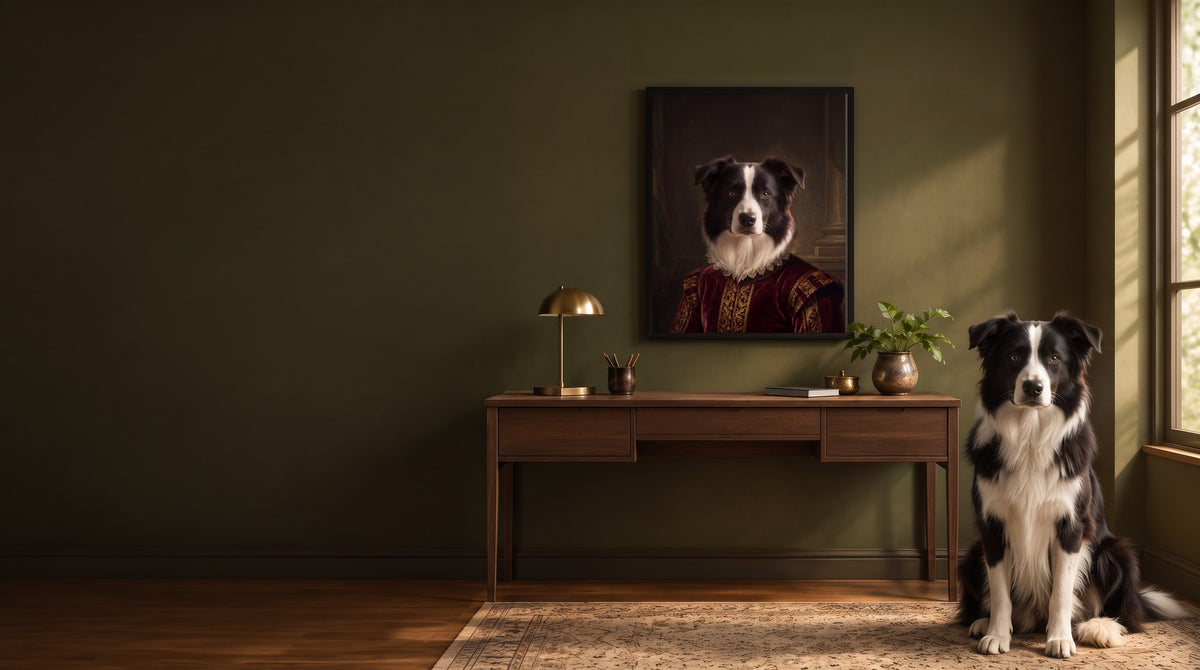 Border collie sitting beside its own Royal Renaissance portrait in a black frame, in an olive-green study