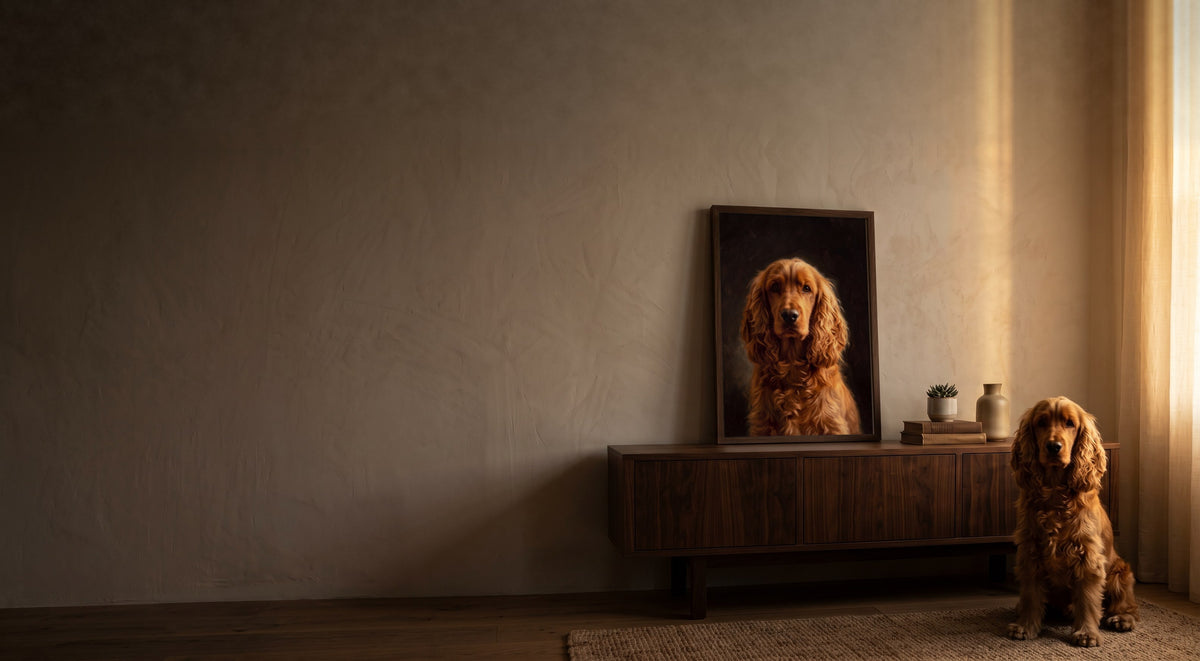 Cocker spaniel sitting beside its own Classical Oil portrait on a walnut sideboard