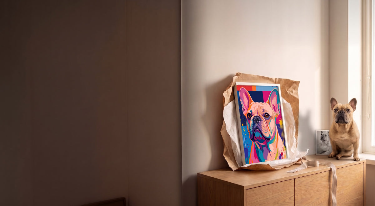 French bulldog beside its newly unwrapped pop art portrait in a white frame