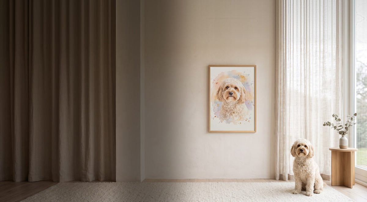 Cream cavapoo sitting beside its framed watercolour portrait