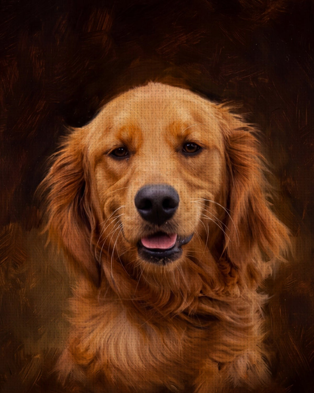 Classical oil portrait of the same golden retriever, created from the photo