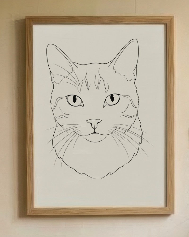 Framed line art portrait of a tabby cat on a plaster wall