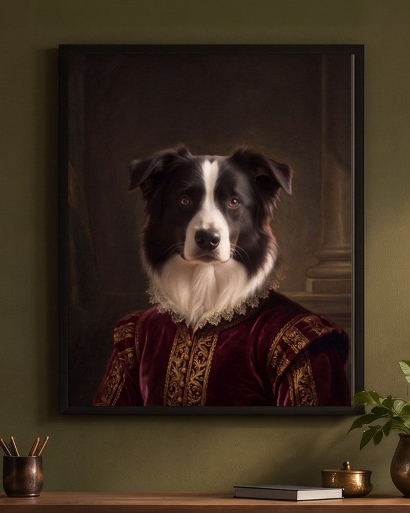 Framed Royal Renaissance portrait of a border collie on an olive-green wall