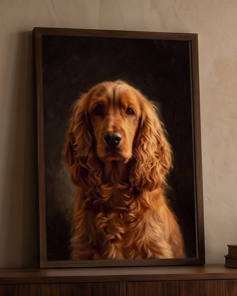 Framed Classical Oil portrait of a cocker spaniel on a walnut sideboard