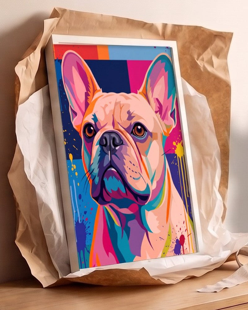 Pop art portrait of a French bulldog in a white frame, half unwrapped from kraft paper
