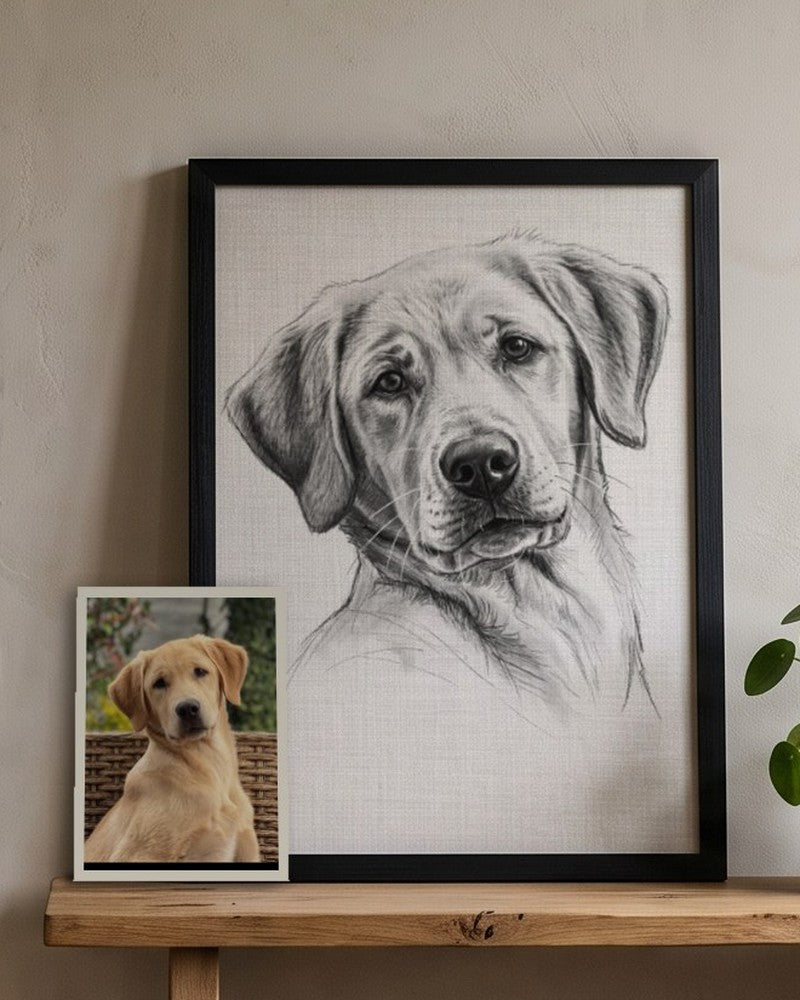 Framed charcoal portrait of a yellow Labrador with the original photo propped beside it