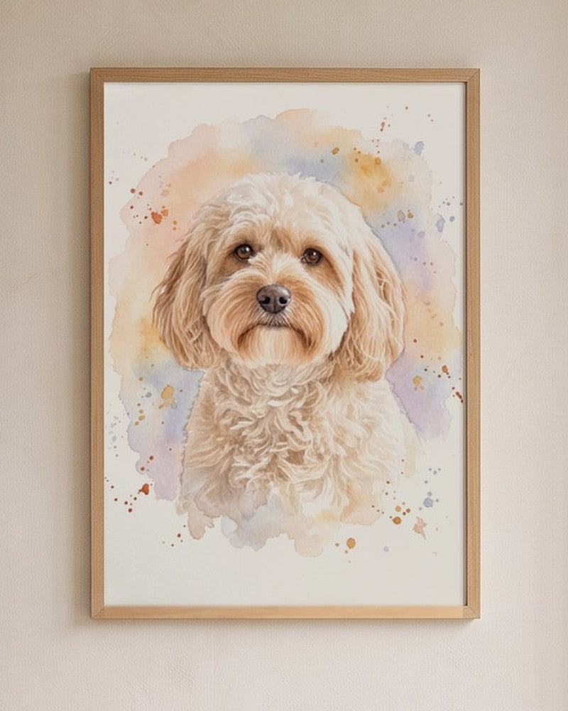 Framed watercolour portrait of a cream cavapoo on a plaster wall