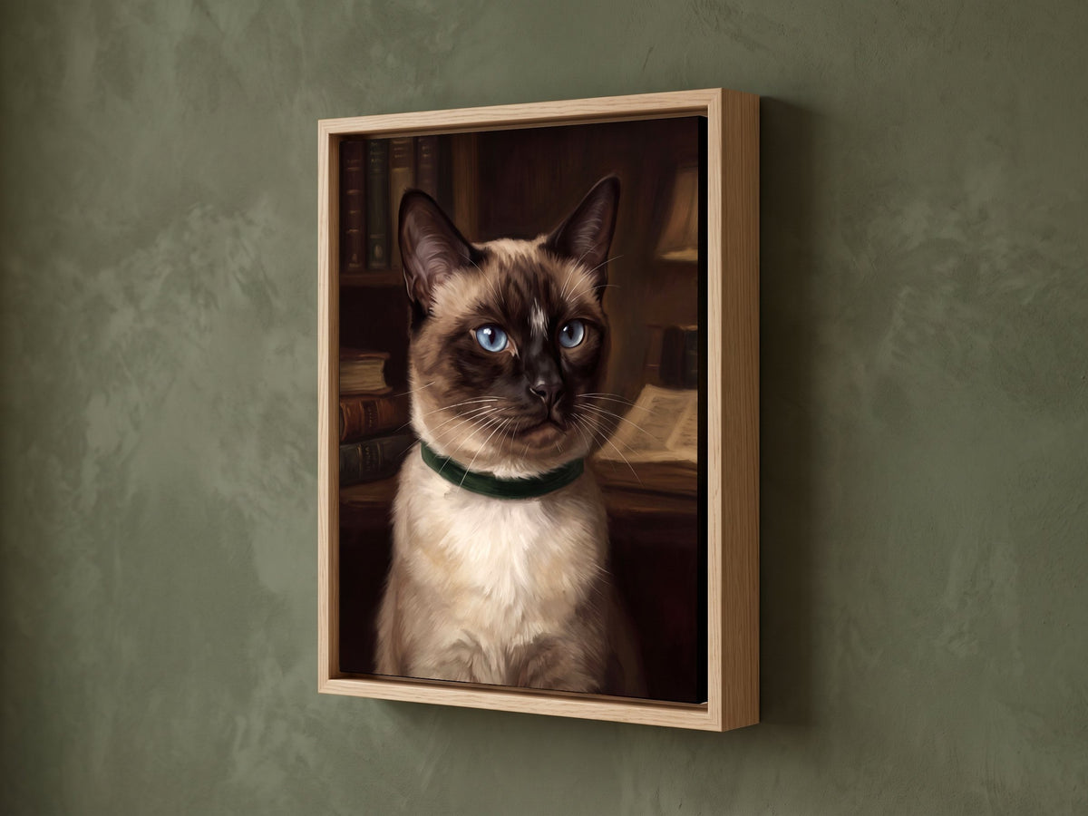 Dark academic cat portrait on framed canvas in a natural oak floater frame, hanging on an olive green wall