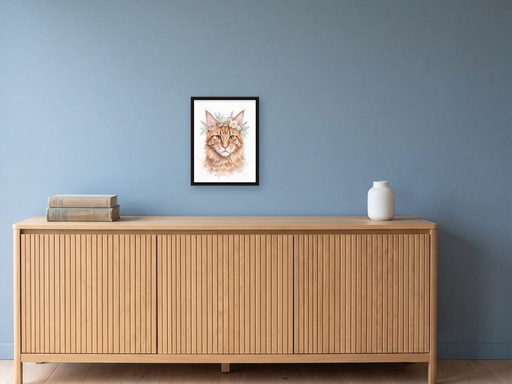 30 x 40 cm framed pet portrait hung above an oak sideboard, shown to scale