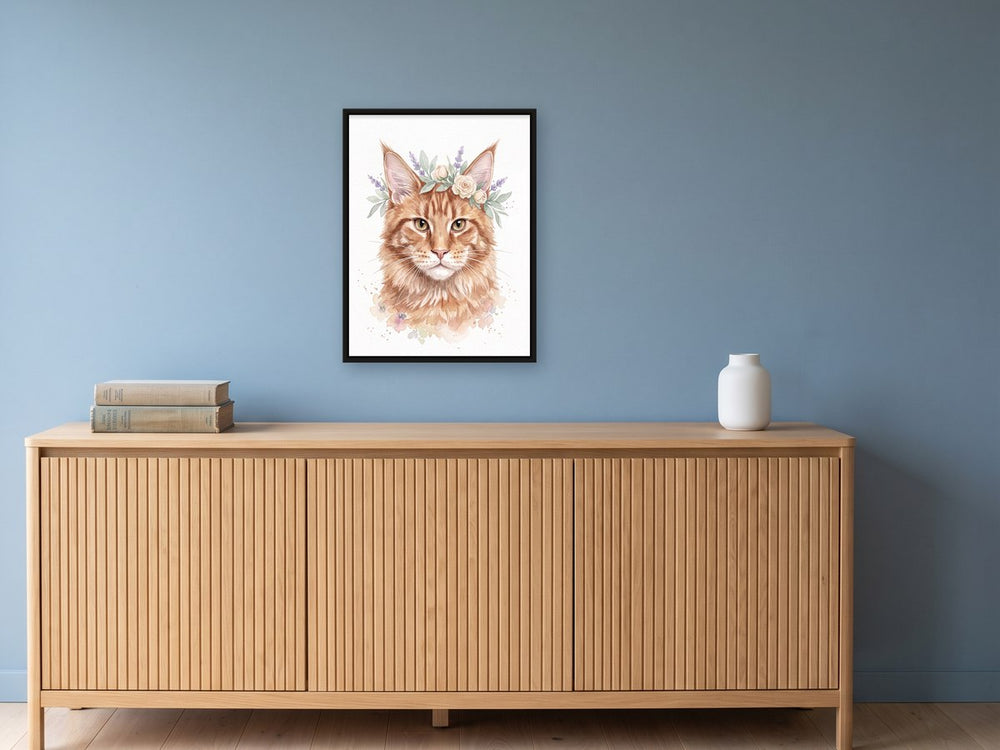 45 x 60 cm framed pet portrait hung above an oak sideboard, shown to scale