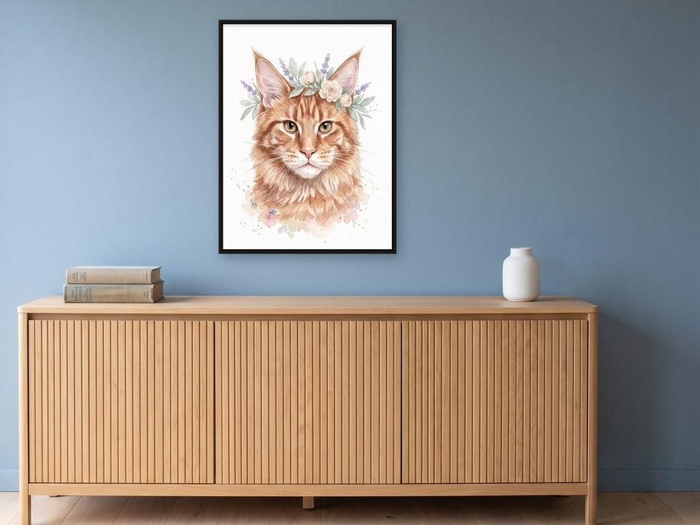 60 x 80 cm framed pet portrait hung above an oak sideboard, shown to scale