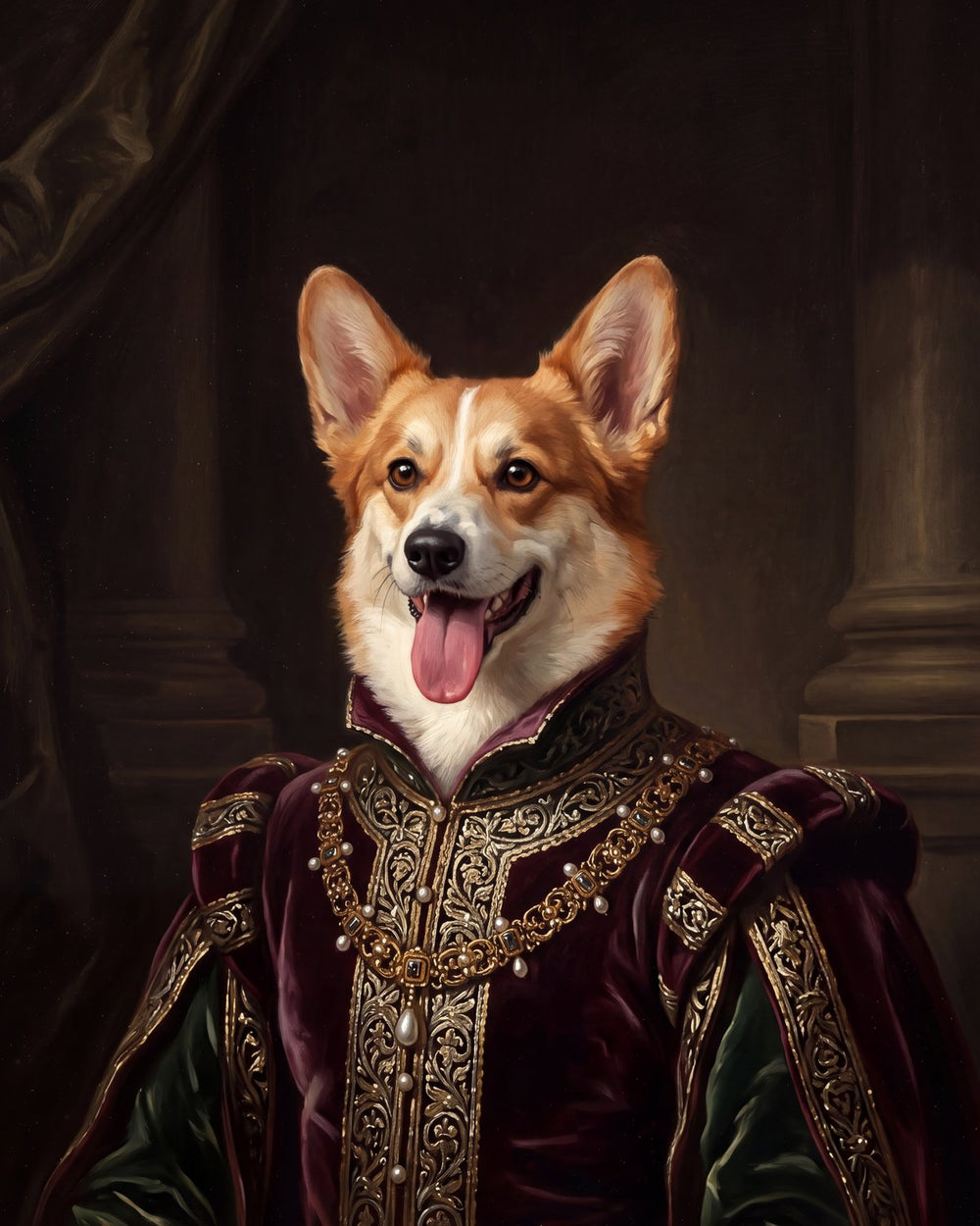 Royal renaissance portrait of the same corgi in a velvet doublet, created from the photo