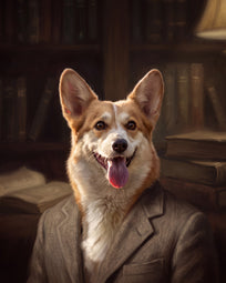 Pet portrait in dark academic style, low library light and old bindings