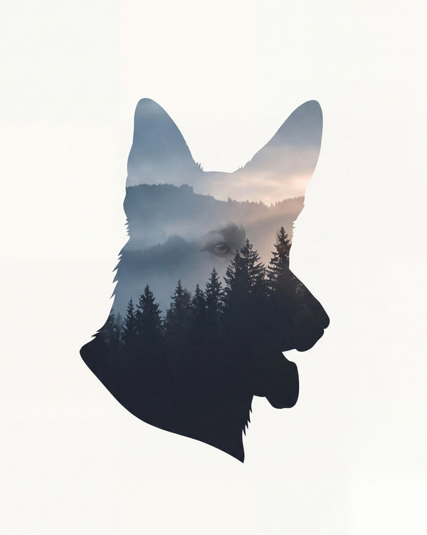 Pet portrait in double exposure style, silhouette filled with landscape