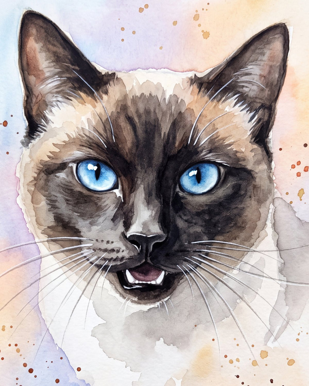 Watercolor portrait of the same blue-eyed cat, created from the photo